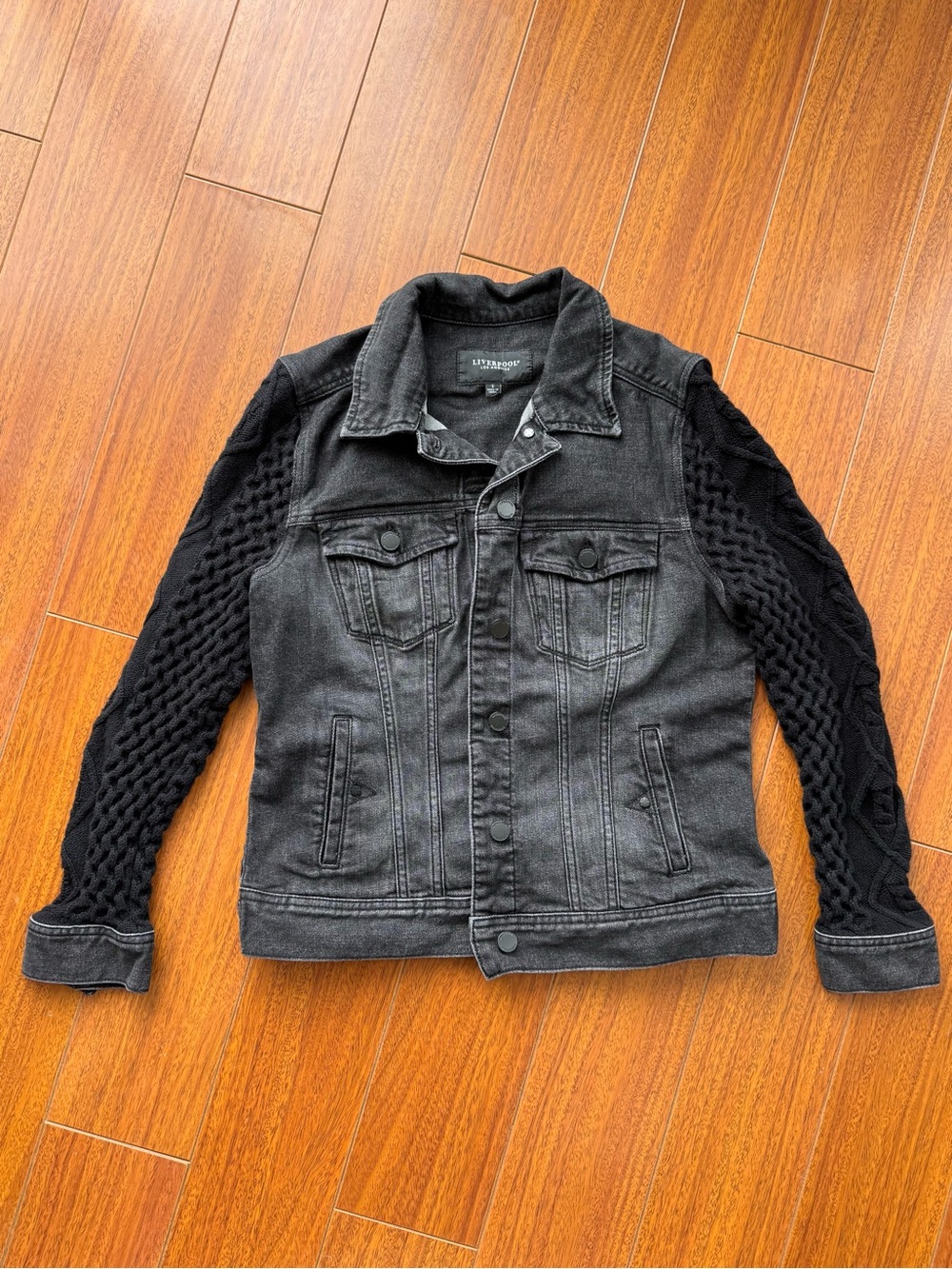Women’s Black Denim Jacket Knit Sleeves Small